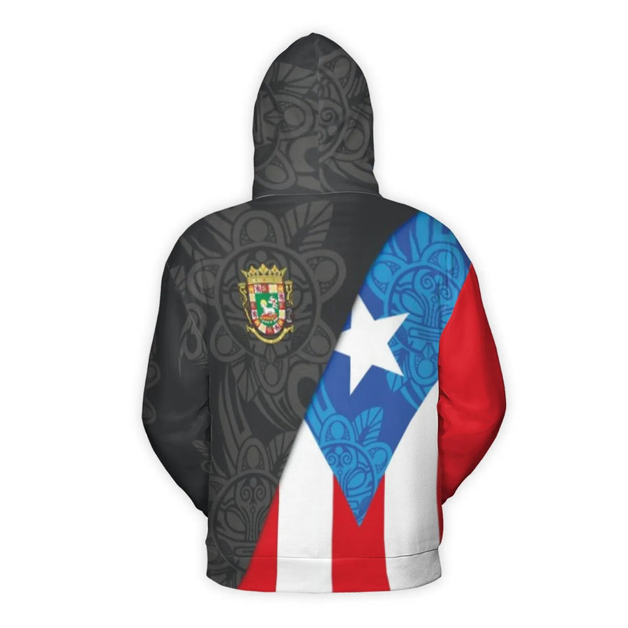 Puerto Rico Hoodie | Flag & Coat of Arms Taino Art Print | Premium 100% Polyester | Gift for Boricua Pride