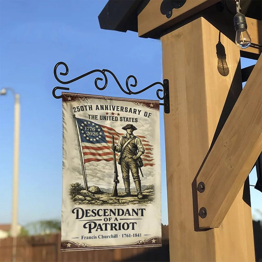 250th Anniversary Garden Flag | Descendant of a Patriot with 1776 Soldier | Double Sided Polyester | Commemorative Gift for Genealogy History Buffs
