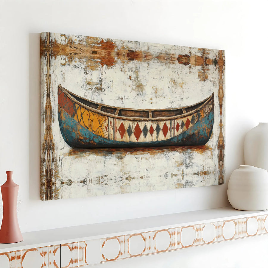 Rustic Canoe Wall Art | Indigenous Inspired Geometric Design | Premium Canvas Print | Rustic Cabin & Lake House Decor