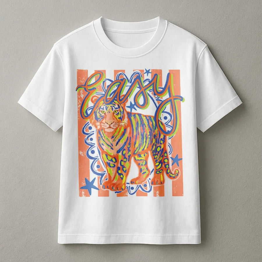 Easy Tiger T-Shirt | Colorful Preppy Tiger Graphic with Doodle Text | Premium Soft Cotton | Sarcastic Funny Gift for Women, Y2K Style Top