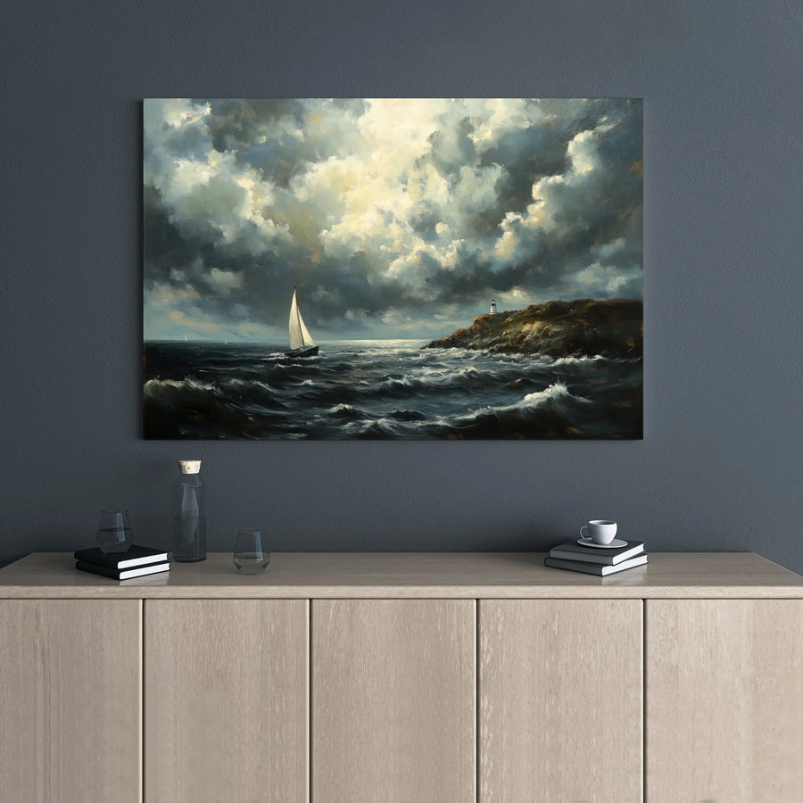 Stormy Sea Sailboat Canvas Wall Art | Moody Ocean Lighthouse Painting | Premium Gallery Wrapped Decor | Coastal Living Room Nautical Gift