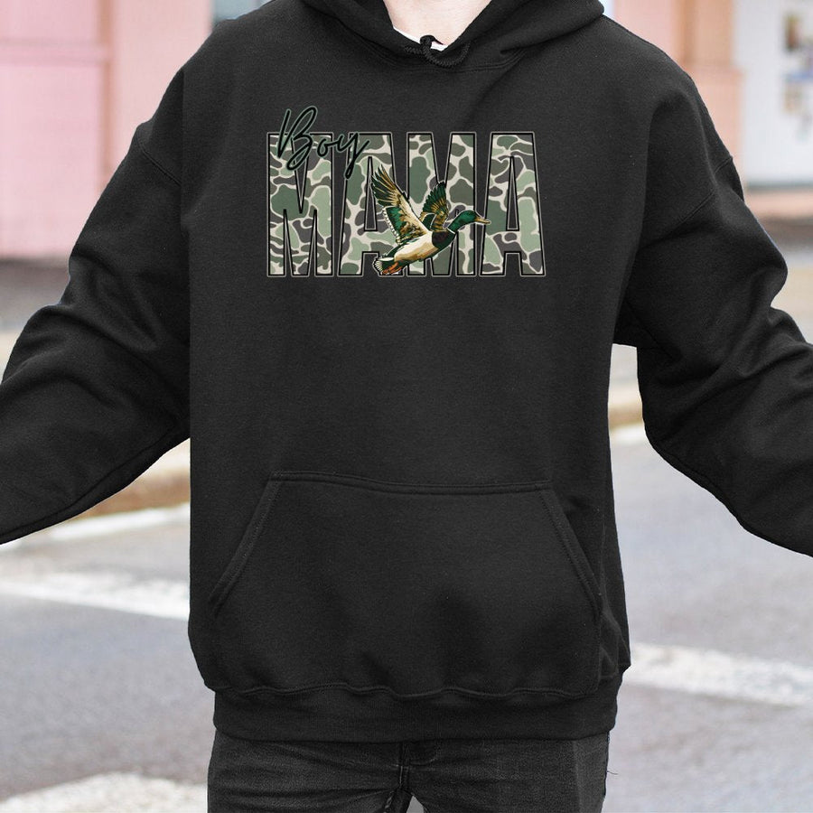 Boy Mama Hoodie | Mallard Duck Hunting Camo Design | Premium Cotton-Poly Blend | Cozy Gift for Outdoor Loving Moms