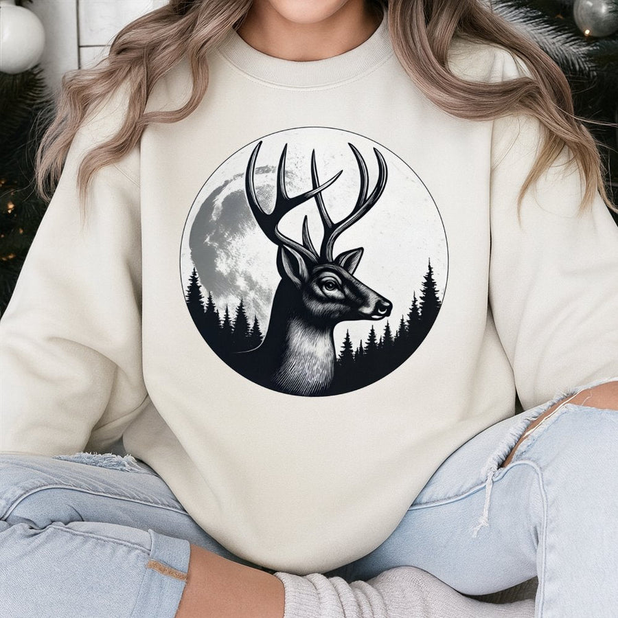 Deer Antler Sweatshirt | Full Moon Forest Graphic Print | Premium Cotton Blend Crewneck | Outdoor Nature Lover Gift for Men and Women