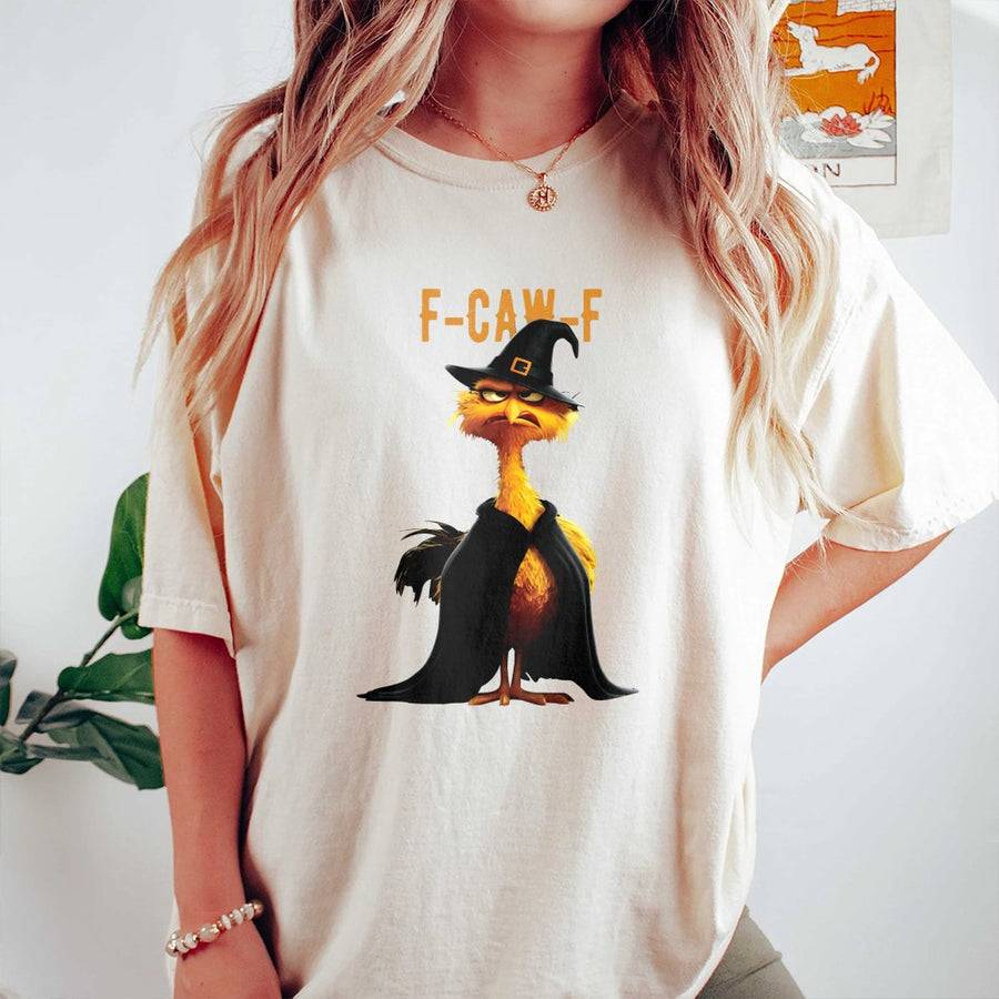 F-Caw-F Witch Chicken T-Shirt | Funny Halloween Bird Pun Graphic | 100% Cotton Premium Tee | Spooky Animal Gift For Halloween Lovers