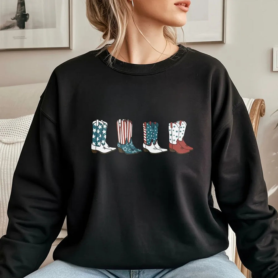 Patriotic Cowgirl Sweatshirt | American Flag Cowboy Boots Graphic | Soft Cotton Blend | 4th of July USA Gift for Women
