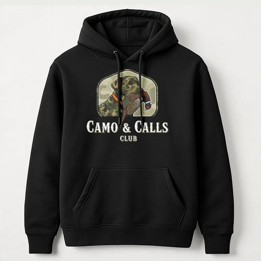 Camo & Calls Club Hunting Hoodie | Labrador Pheasant Dog Graphic | Premium Cotton Blend | Gift For Upland Hunters & Dog Lovers