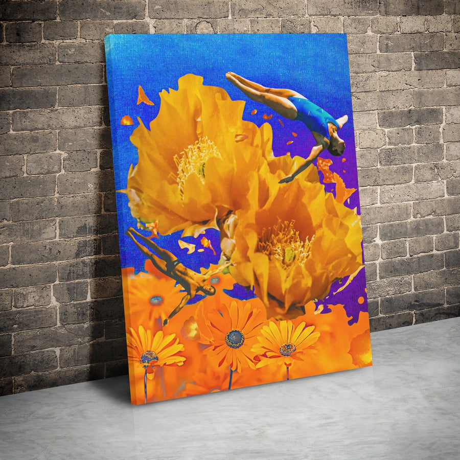 Surreal Diving Swimmers Canvas Print | Giant Yellow Floral Collage Art | Premium Gallery Wrap Decor | Modern Statement Wall Art
