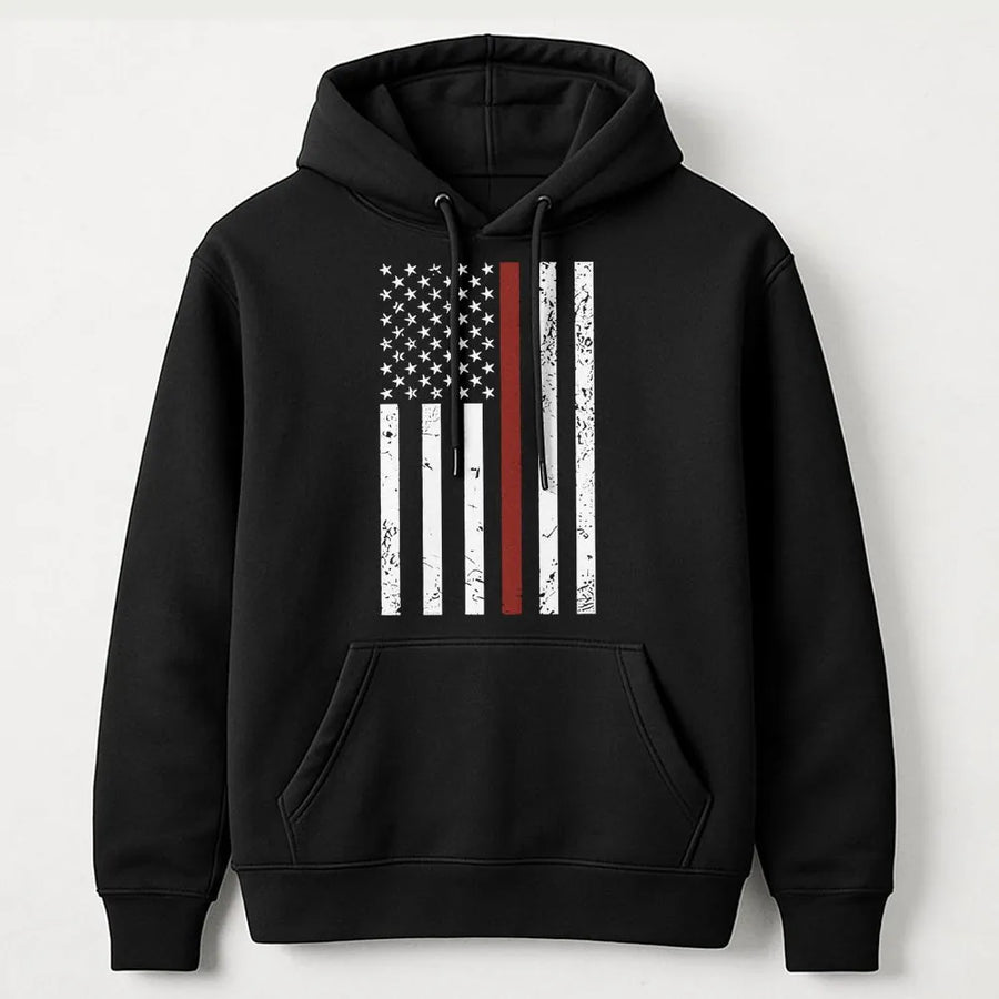 Firefighter Hoodie | Distressed Thin Red Line American Flag Graphic | Cotton-Poly Blend | Premium Gift for Fireman and First Responders