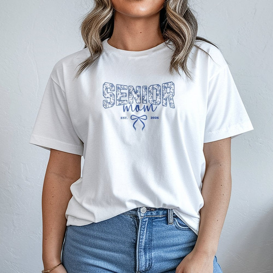 Senior Mom 2026 T-Shirt | Blue Toile Floral Coquette Bow | Premium Soft Cotton Tee | Trendy High School Graduation Gift for Proud Mothers