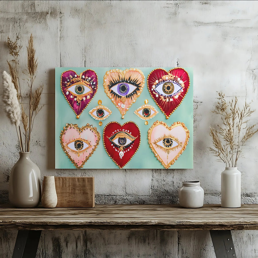 Evil Eye Heart Canvas Art | Colorful Bohemian Wall Decor | Premium 1.25 Inch Gallery Wrap | Spiritual Protection Gift for Home Office
