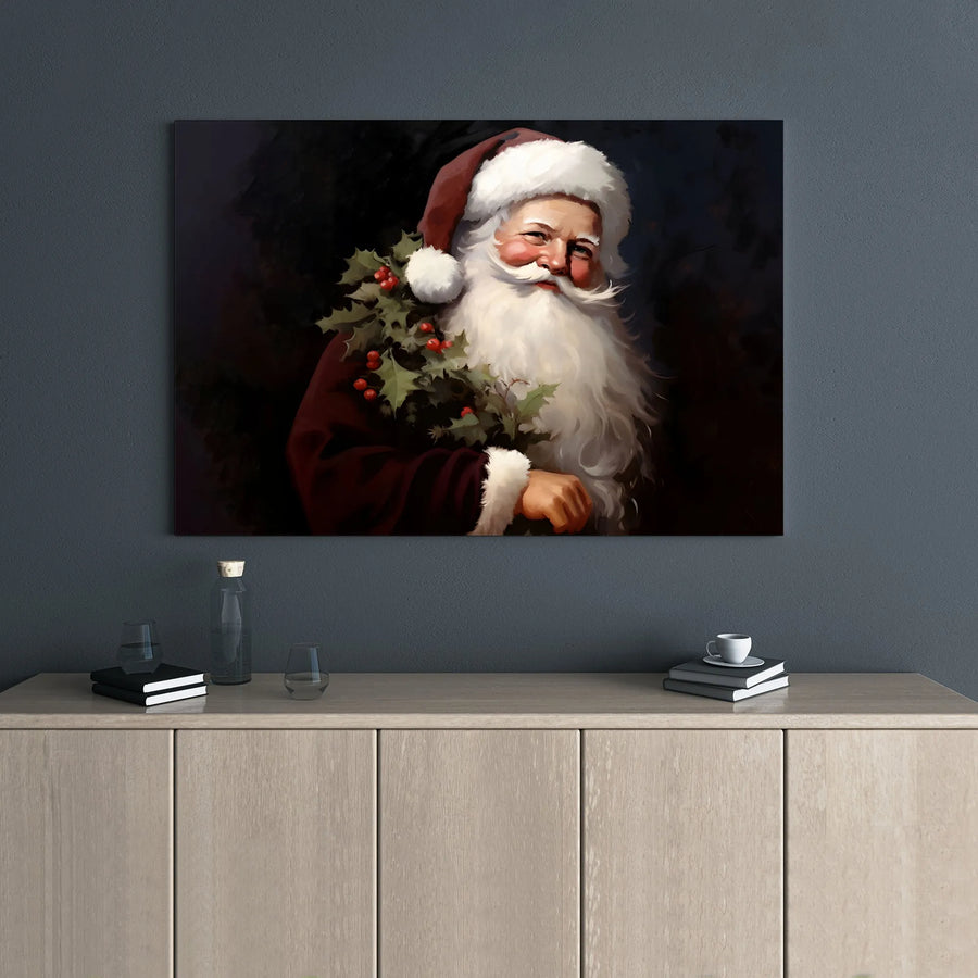 Vintage Santa Claus Wall Art | Classic Holly Wreath Portrait | Premium Gallery-Wrapped Canvas | Festive Holiday Home Decor Gift