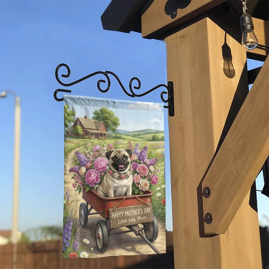 Happy Mother's Day Pug Garden Flag | Cute Dog in Flower Wagon | Double Sided Weather-Resistant Banner | Unique Gift for Dog Mom, Farmhouse Yard Decor