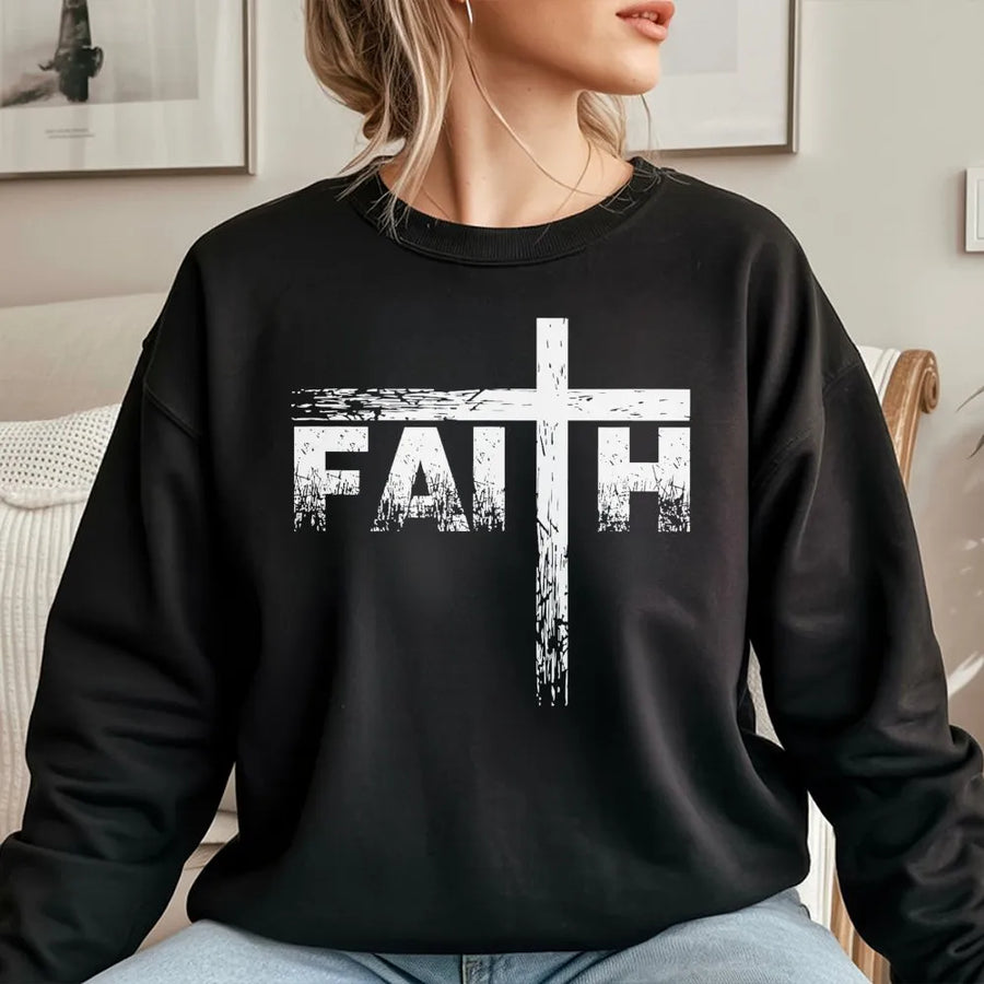 Faith Cross Sweatshirt | Distressed Typography Religious Design | Premium Cotton Blend | Christian Gift for Men and Women