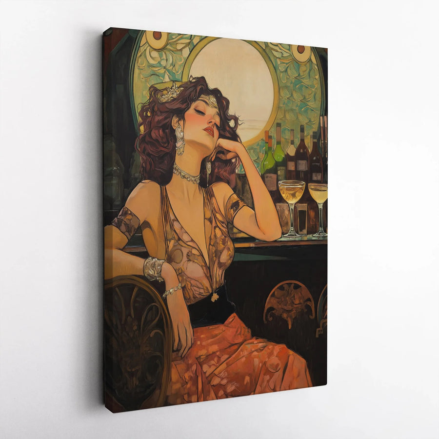 Art Nouveau Woman Wall Art | Retro Bar Portrait Canvas Print | Gallery-Wrapped Premium Decor | Sophisticated Gift for Art Lovers