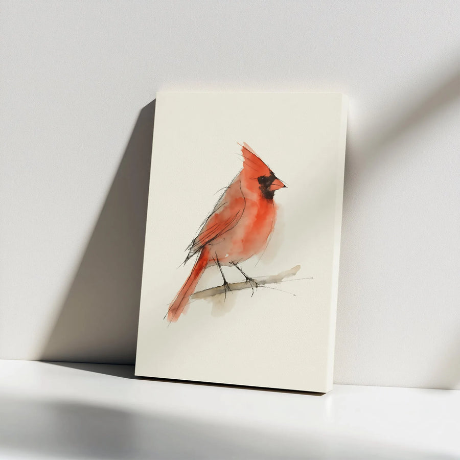 Red Cardinal Bird Canvas Wall Art | Minimalist Watercolor Sketch | Premium Gallery Wrap Print | Nature-Inspired Home Decor Gift