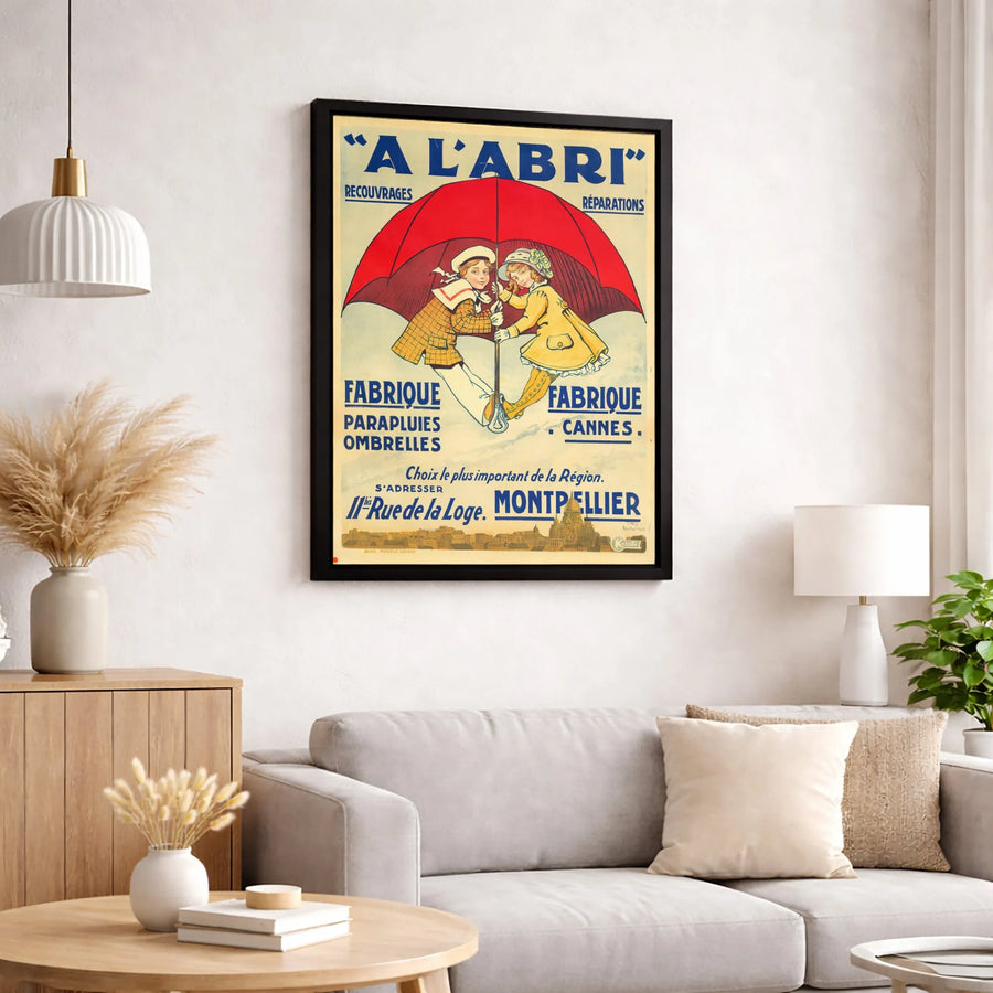 A L'Abri French Poster Canvas | Vintage Umbrella Advertisement Art | Premium Gallery Wrapped Print | French Country Home Decor Gift