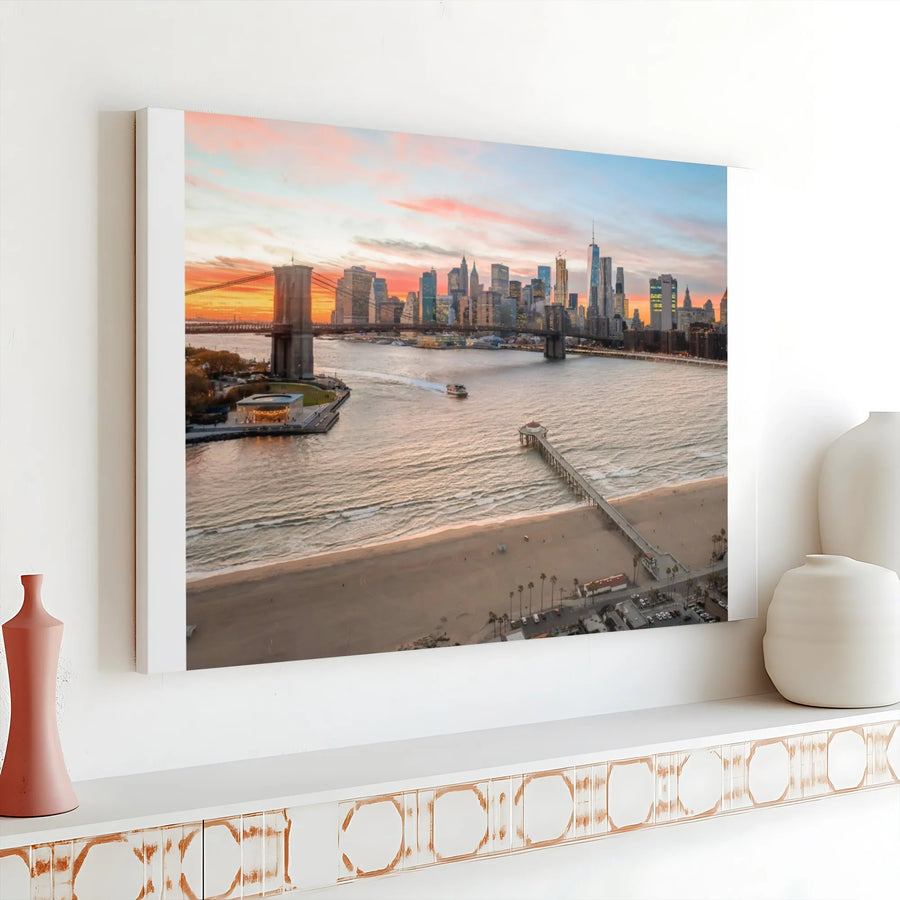Lower Manhattan Skyline Canvas Print | NYC Sunset & Brooklyn Bridge Wall Art | Premium Fade-Resistant Canvas | Modern Home Decor Gift for New Yorker