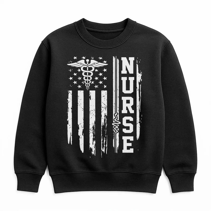 Nurse Sweatshirt | American Flag Caduceus Graphic | Cotton Blend Premium Crewneck | Gift For Nurses, Graduation, Nursing Student
