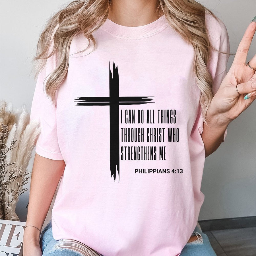 Philippians 4:13 T-Shirt | Christian Cross Graphic Tee | 100% Cotton Premium Quality | Religious Inspirational Gift for Men and Women