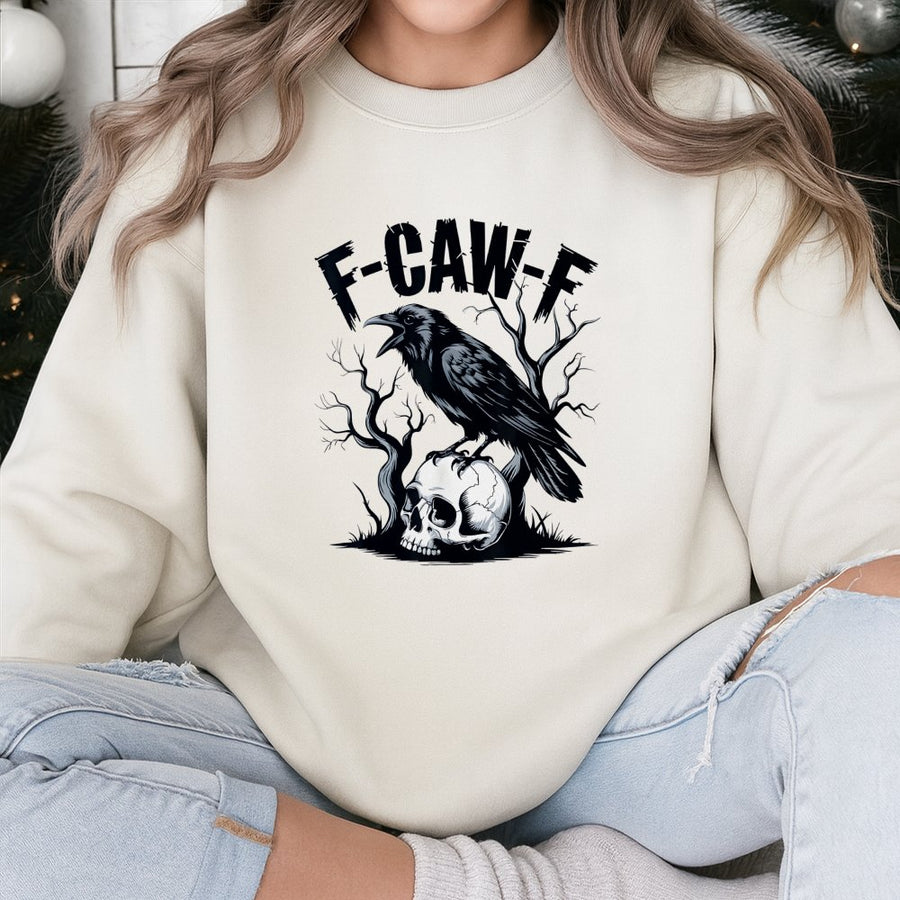 Crow Skull Sweatshirt | F-Caw-F Funny Raven Graphic | Premium Cotton Blend Crewneck | Gothic Halloween Gift for Bird Lovers