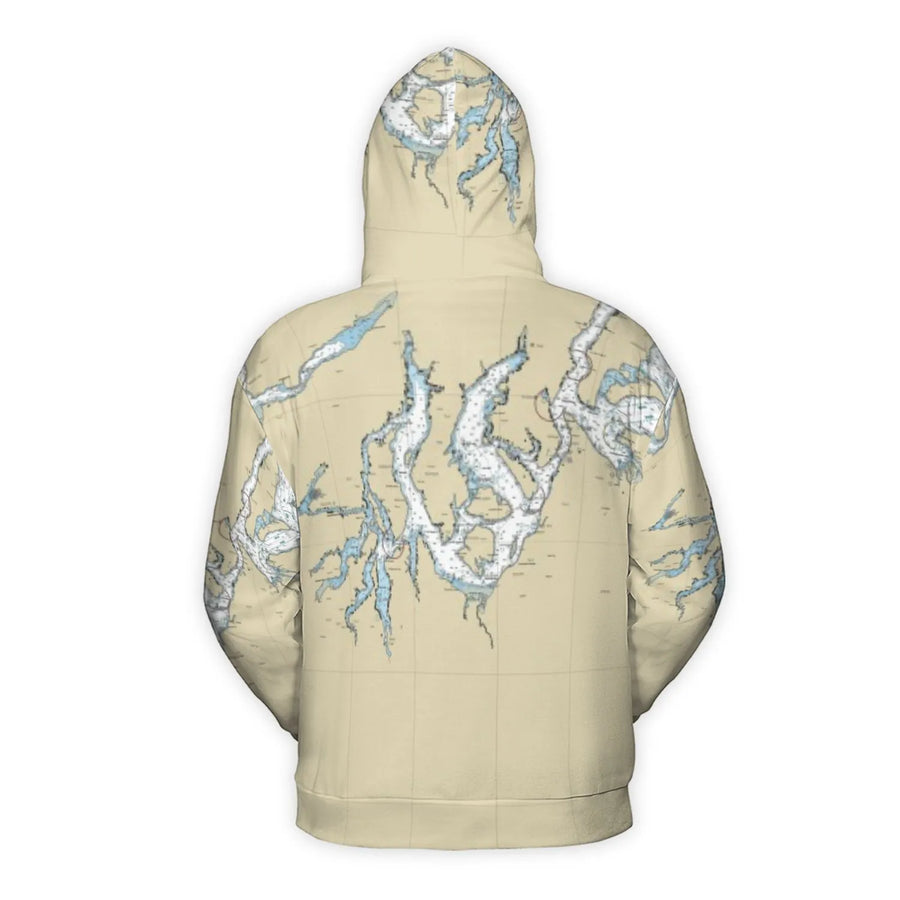 Puget Sound Nautical Chart Hoodie | All-Over Print Map Graphic | Premium Polyester Fleece | Gift For Sailors & Pacific Northwest Lovers