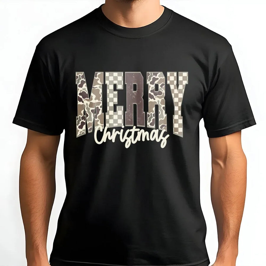 Merry Christmas Camo T-Shirt | Distressed Camouflage Lettering | Soft 100% Cotton Premium Tee | Festive Holiday Gift for Hunters and Outdoorsmen