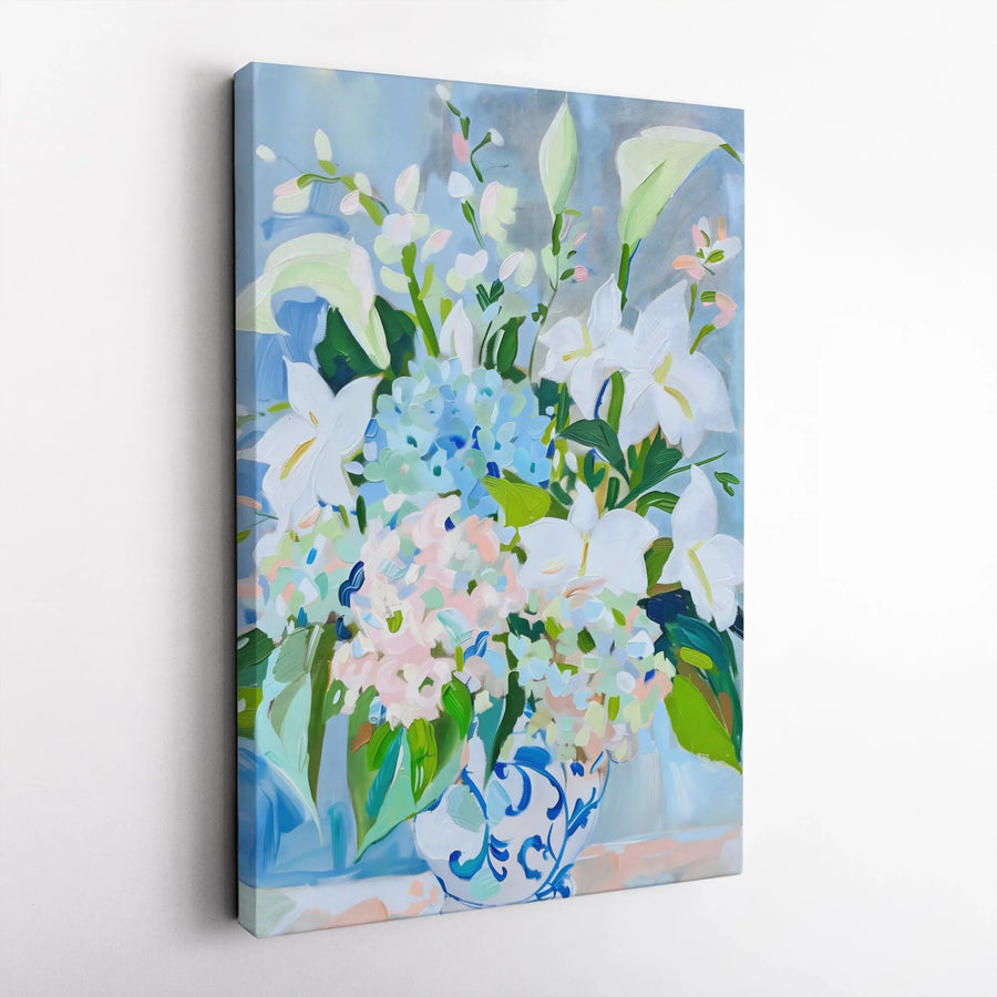 Abstract Floral Bouquet Canvas | Painterly Hydrangea & Lily Still Life Print | Premium Gallery Wrapped Wall Art | Grandmillennial Home Decor Gift