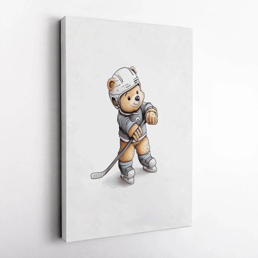 Hockey Teddy Bear Canvas Wall Art | Cute Cartoon Bear Illustration | Premium Gallery Wrapped Canvas | Nursery & Kids Room Decor Gift