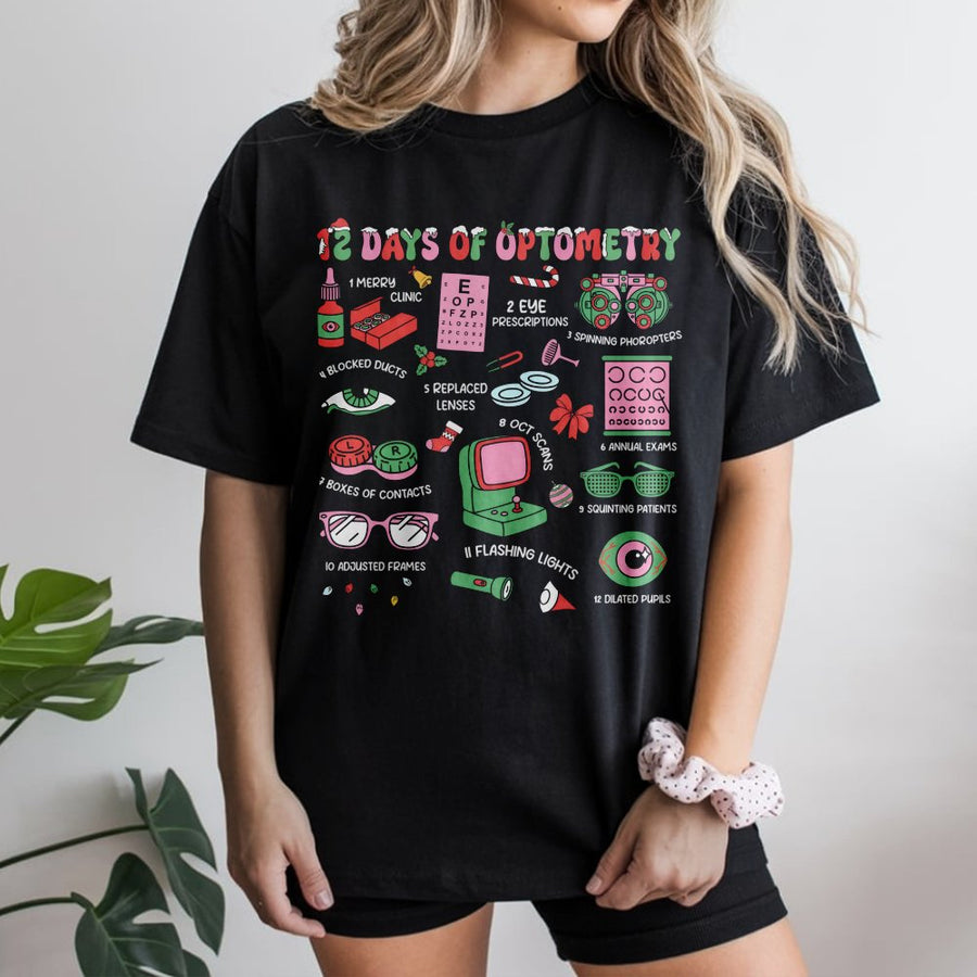 12 Days Of Optometry T-Shirt | Funny Eye Doctor Christmas Gift | 100% Cotton Premium Tee | Optician Ophthalmologist Apparel