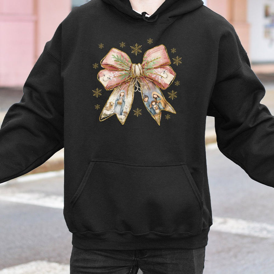 Nativity Scene Christmas Hoodie | Coquette Bow Graphic Design | Soft Cotton-Blend Pullover | Faith-Inspired Holiday Gift For Women & Men