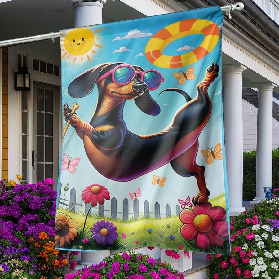 Dachshund Summer Garden Flag | Funny Wiener Dog Sunglasses Art | UV-Resistant Polyester | Decorative Garden Gift for Dog Lovers