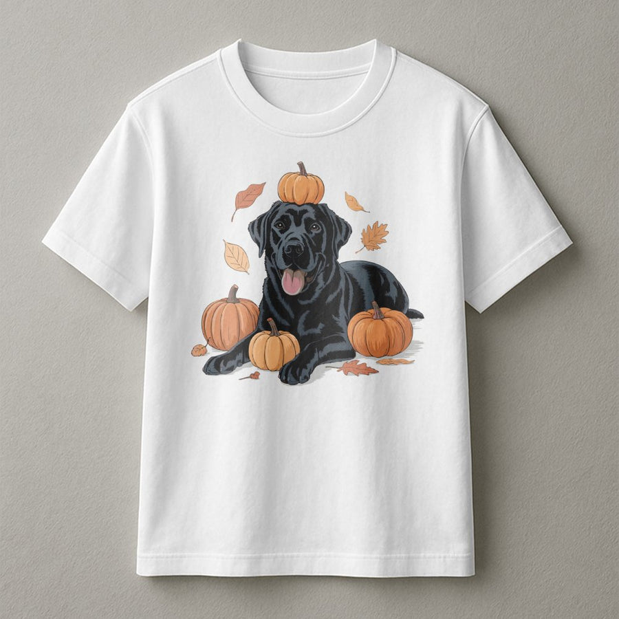 Black Labrador Fall T-Shirt | Cute Dog With Pumpkins Graphic | Premium Soft Cotton Tee | Thanksgiving Autumn Gift For Dog Mom And Labrador Owner