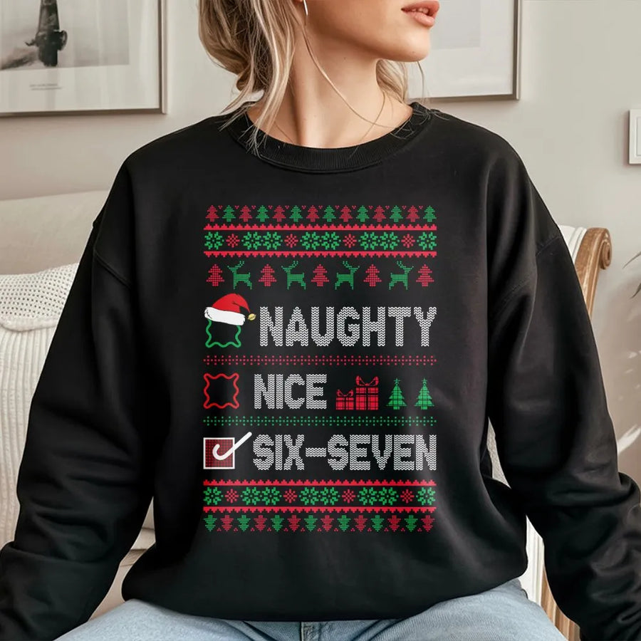 Naughty Nice Six Seven Meme Sweatshirt | Funny Viral Gen Z Christmas Design | Premium Cotton Blend | Unisex Holiday Party Gift