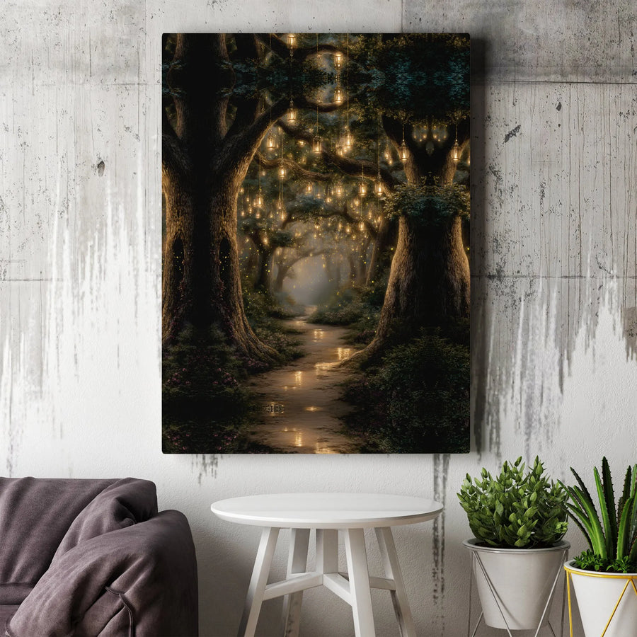 Enchanted Forest Canvas Art | Glowing Lantern Pathway with Fireflies | Premium Gallery Wrapped Canvas | Mystical Fantasy Home Decor Gift