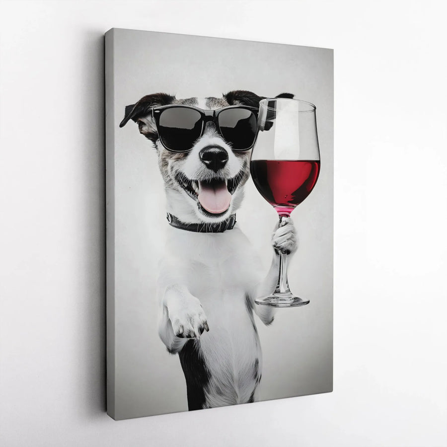 Funny Jack Russell Terrier Canvas | Dog Drinking Red Wine with Sunglasses | Premium 1.25 Inch Gallery Wrap | Unique Pet Lover Wall Art Gift