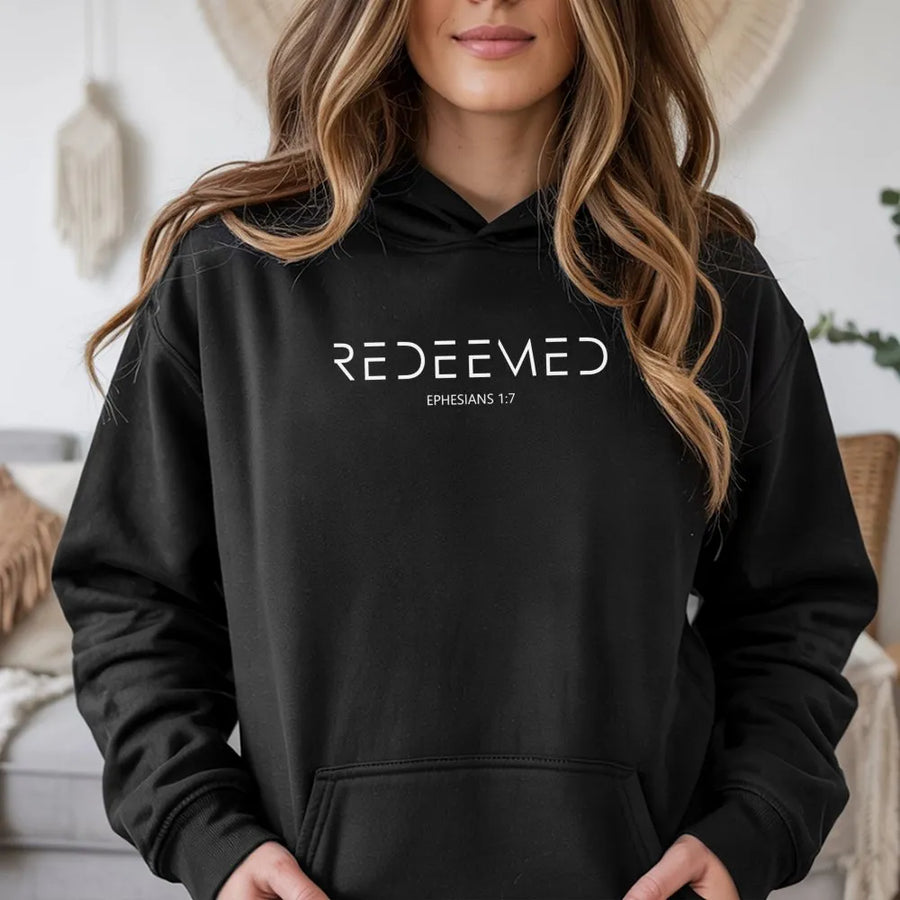 Redeemed Christian Hoodie | Ephesians 1:7 Bible Verse Graphic | Premium Cotton-Poly Blend | Faith Based Apparel Gift for Men and Women