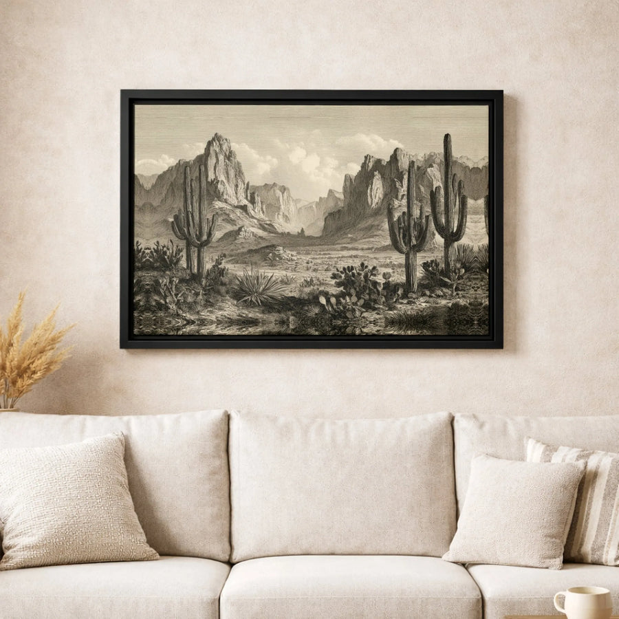 Arizona Desert Landscape Canvas | Vintage Saguaro Cactus Engraving Art | Premium Gallery Wrapped Wall Decor | Southwestern Home Interior Gift