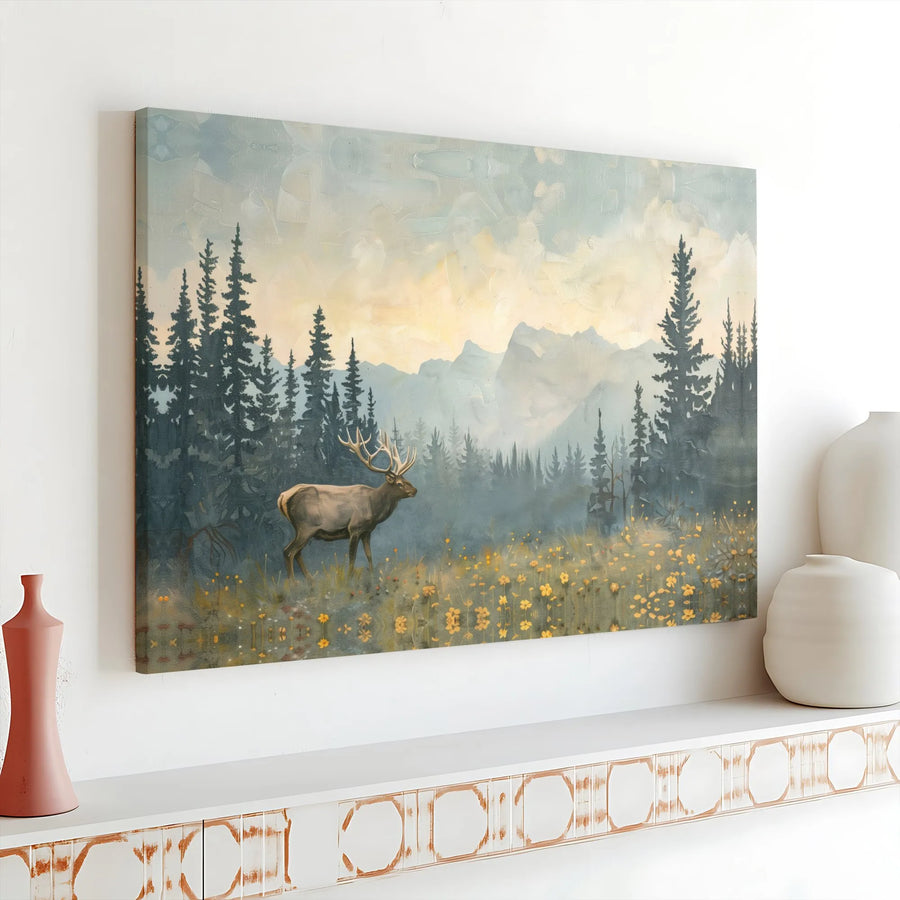 Majestic Elk Wildlife Horizontal Canvas | Misty Mountain Forest Watercolor Art Print | Premium 1.25 Inch Frameless Gallery Wrap | Rustic Lodge Cabin Decor Gift
