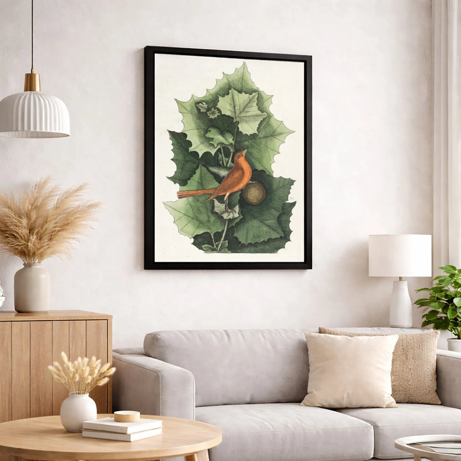 Vintage Bird Botanical Canvas Wall Art | Orange Songbird & Green Leaves Illustration | Gallery-Quality 1.25 Inch Profile | Elegant Nature Home Decor