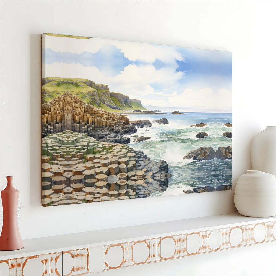 Giant's Causeway Canvas Wall Art | Watercolor Irish Coastline Print | Premium Gallery Wrapped Canvas | Ireland Travel Souvenir & Home Decor Gift