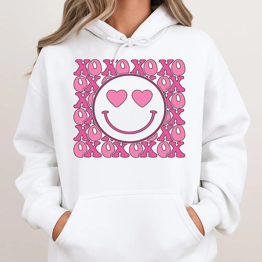 Smiley Face Heart Eyes Hoodie | Retro XOXO Valentine Graphic Design | Premium Cotton Blend | Cute Aesthetic Gift for Her