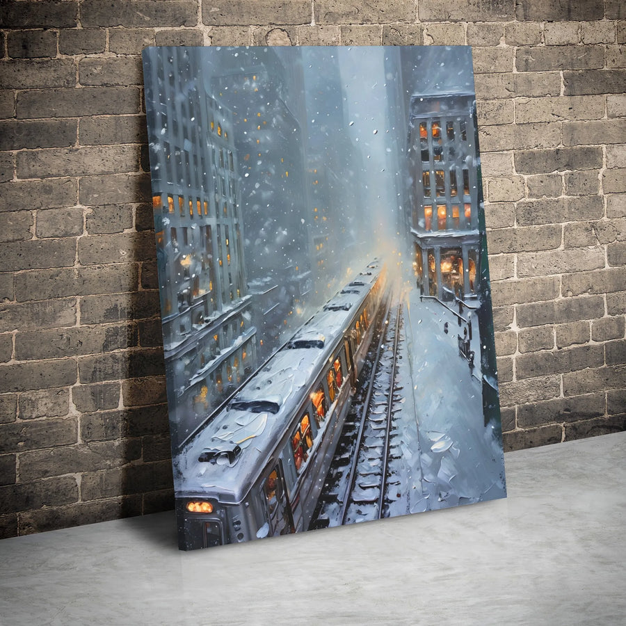 Snowy City Train Canvas Wall Art | Impressionist Urban Winter Landscape | Premium Gallery Wrap Decor | Ready To Hang Gift For City Lovers