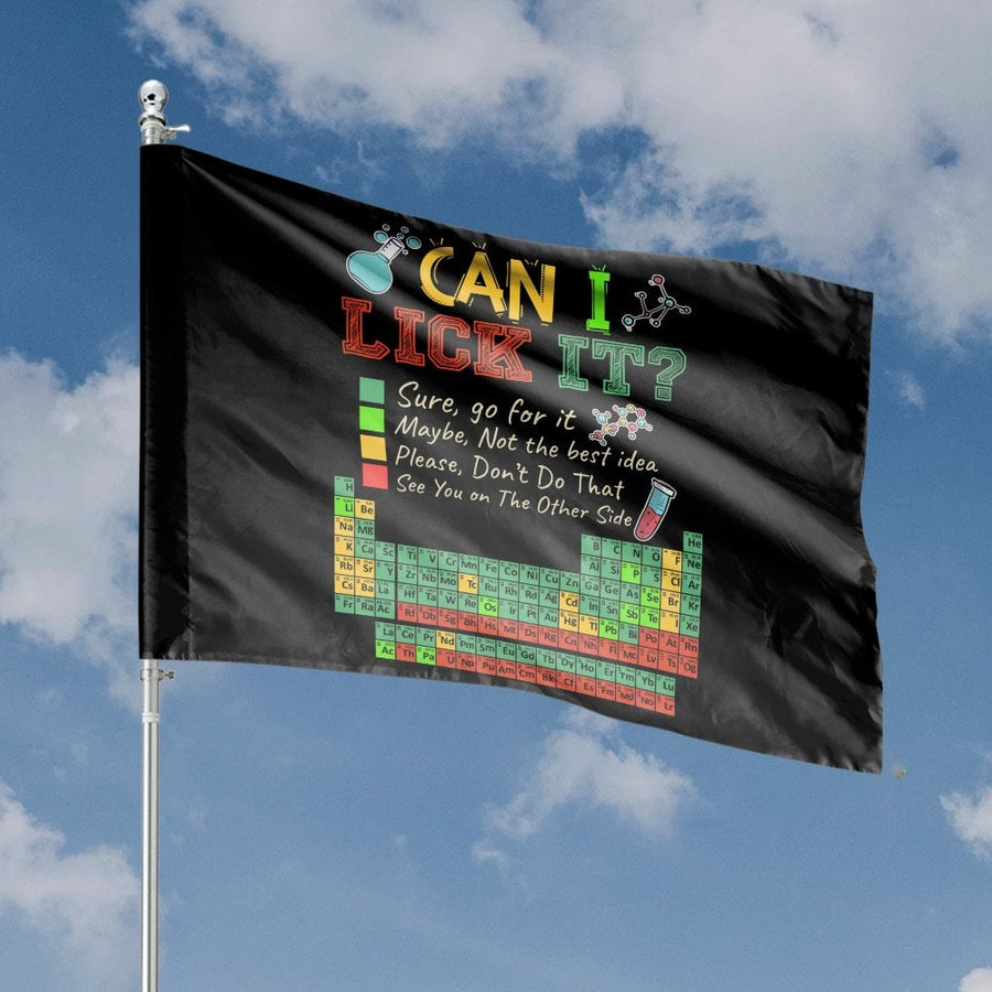 Funny Periodic Table House Flag | Can I Lick It Science Decor | Premium Weather-Resistant Polyester | Unique Chemistry Teacher Gift