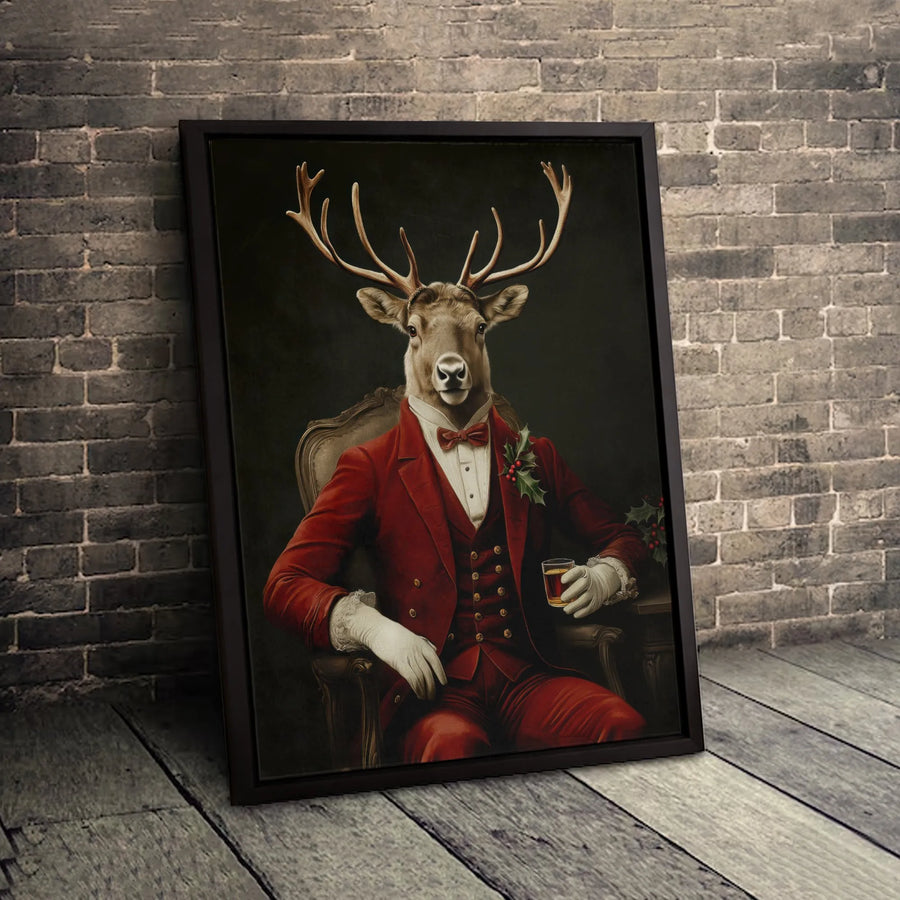 Dapper Reindeer Canvas Art | Gentleman Stag in Red Suit Portrait | Premium Fade-Resistant Gallery Wrap | Unique Christmas Home Decor Wall Gift