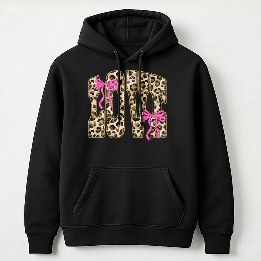 Love Leopard Print Hoodie | Pink Bow Coquette Aesthetic Graphic | Premium Cotton Blend | Valentine Gift For Her And Trendy Valentine's Day Outfit