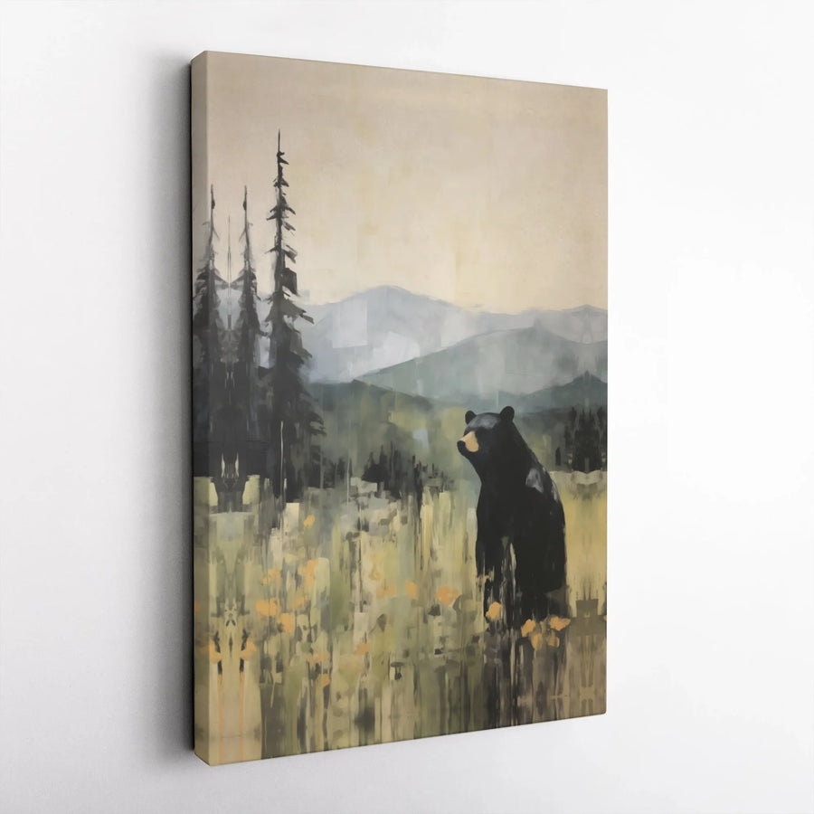 Black Bear Wall Art | Painterly Mountain Meadow Pine Forest Print | Premium 1.25-Inch Gallery Wrapped Canvas | Wildlife Nature Lover Gift