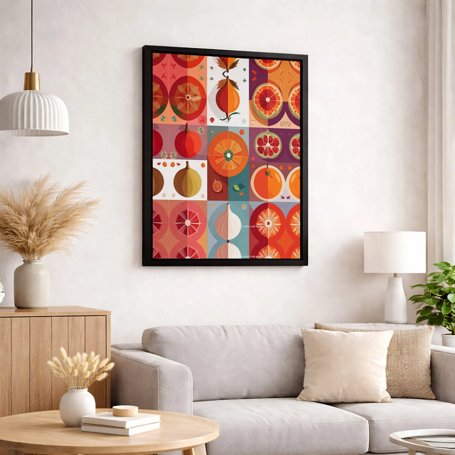 Citrus Fruit Wall Art | Geometric Mid Century Modern Kitchen Decor | Premium Fade-Resistant Canvas | Vibrant Foodie Gift for Home Office