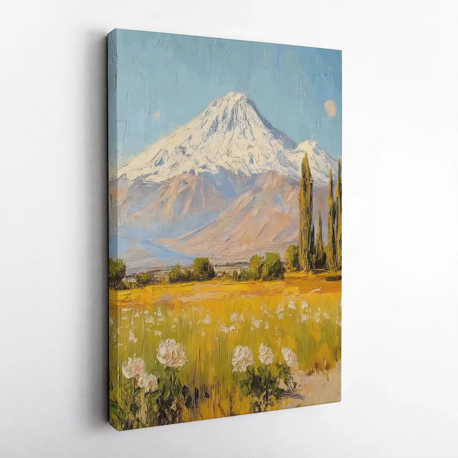 Mount Ararat Canvas Print | Armenian Landscape Painting with White Roses | Premium Gallery Wrapped Canvas | Collector's Gift for Home Decor