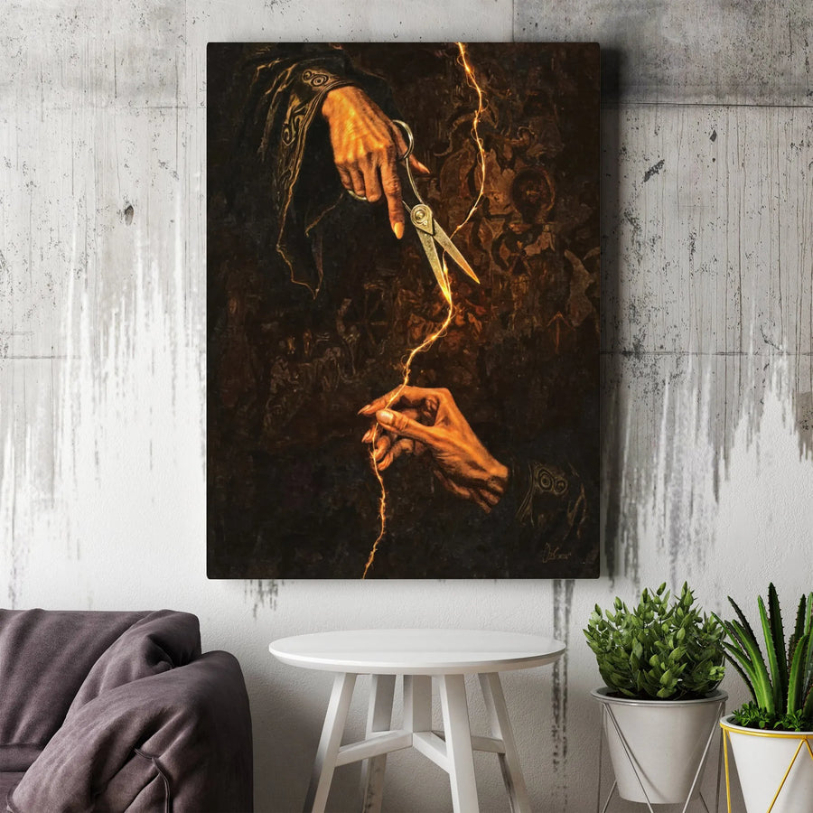 Atropos Cutting Life Thread Canvas | Greek Mythology Dark Academia Wall Art | Premium Gallery Wrapped Print | Gothic Home Decor Gift