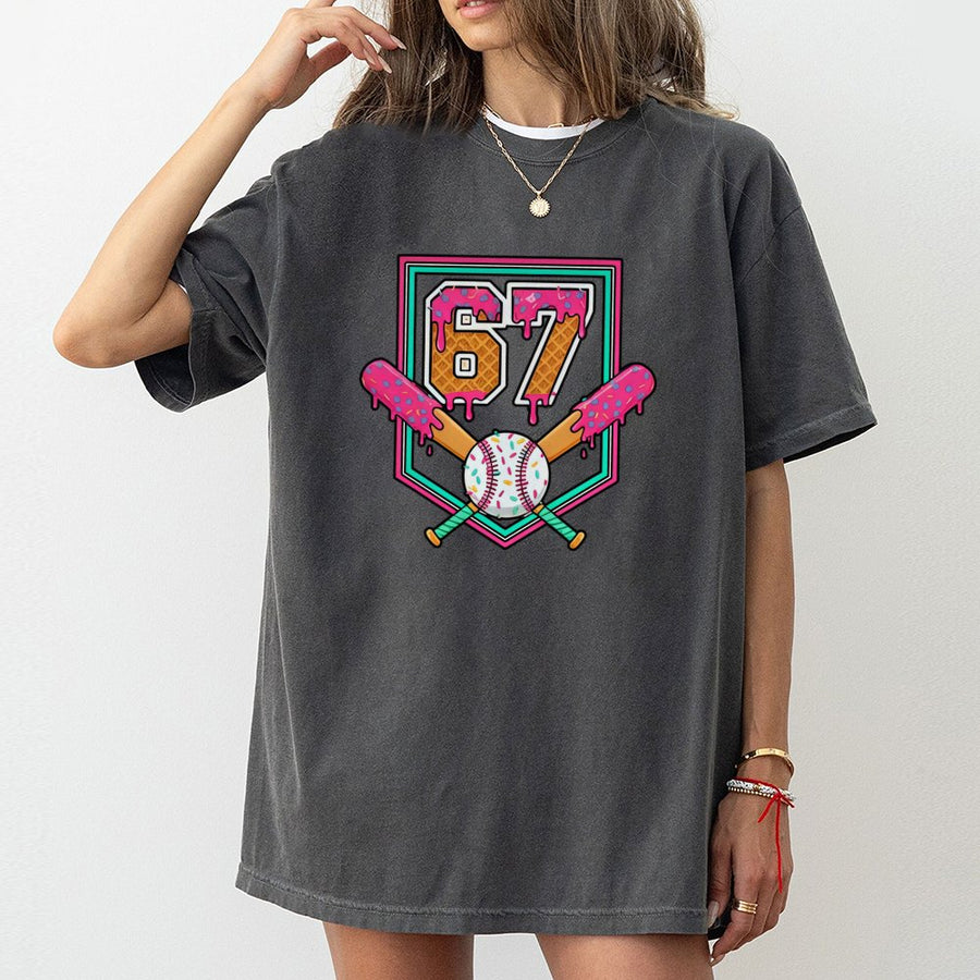 Number 67 Baseball T-Shirt | Ice Cream Drip Sports Graphic | 100% Cotton Premium Tee | Unique Birthday Gift for Baseball Fans
